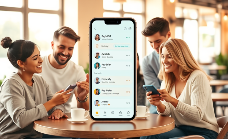Young adults in a cozy café using smartphones showcasing a dating app interface, engaging in conversation about connection tips