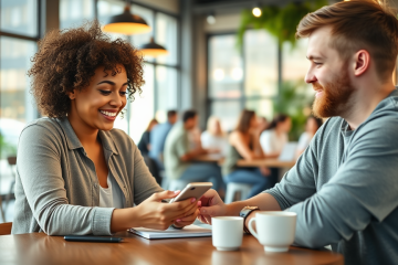 Two young adults in a modern coffee shop optimizing their dating app messages on smartphones for better replies and results