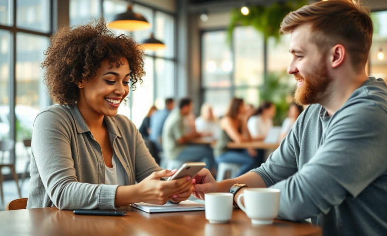 Two young adults in a modern coffee shop optimizing their dating app messages on smartphones for better replies and results