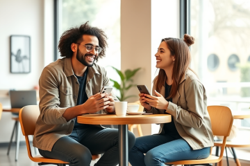 Two young adults at a cafe engaged in a warm conversation on their smartphones, illustrating dating app conversation tips for more matches and replies