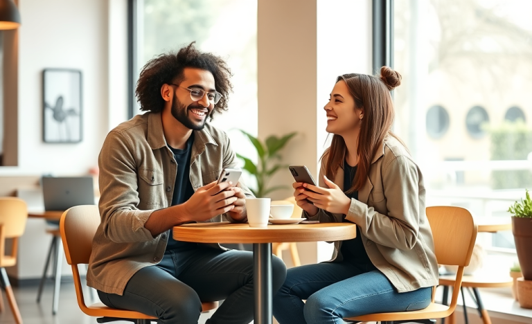 Two young adults at a cafe engaged in a warm conversation on their smartphones, illustrating dating app conversation tips for more matches and replies