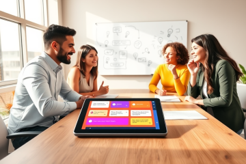 Diverse group of young adults animatedly discussing around a table with a tablet showing a conversation starters app in a modern office setting