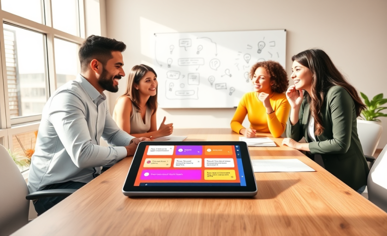Diverse group of young adults animatedly discussing around a table with a tablet showing a conversation starters app in a modern office setting