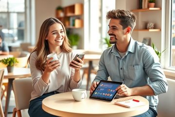A young woman and man converse in a modern coffee shop, using a dating app on a smartphone with friendly expressions, illustrating dating app conversation tips.