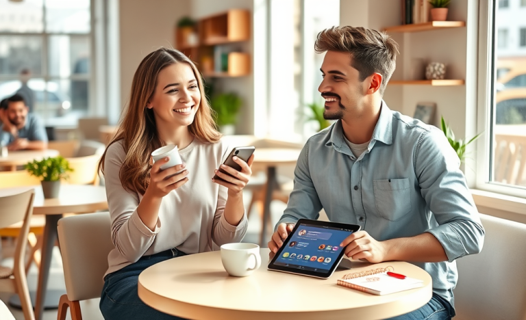 A young woman and man converse in a modern coffee shop, using a dating app on a smartphone with friendly expressions, illustrating dating app conversation tips.