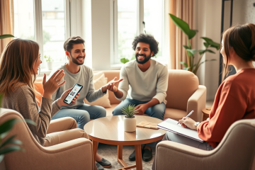 Three young adults engaged in a lively conversation in a cozy living room, using a conversation skills app for better connections