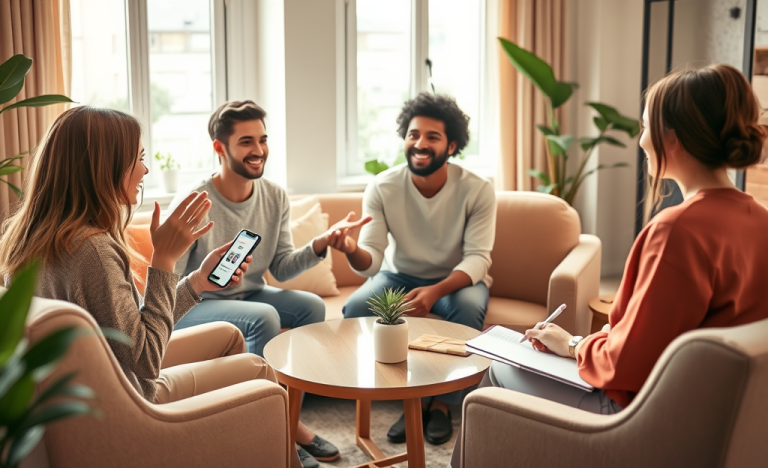 Three young adults engaged in a lively conversation in a cozy living room, using a conversation skills app for better connections