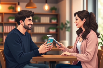 Young man and woman seated in a cozy cafe exchanging smiles as the woman shows dating app conversation starters on her phone