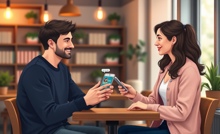 Young man and woman seated in a cozy cafe exchanging smiles as the woman shows dating app conversation starters on her phone