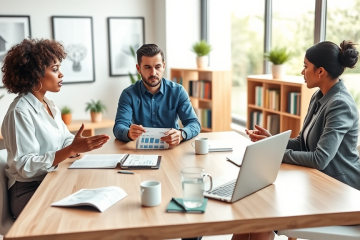Three professionals discussing loan conversation starters around a modern office table to boost replies and engagement in a bright meeting room