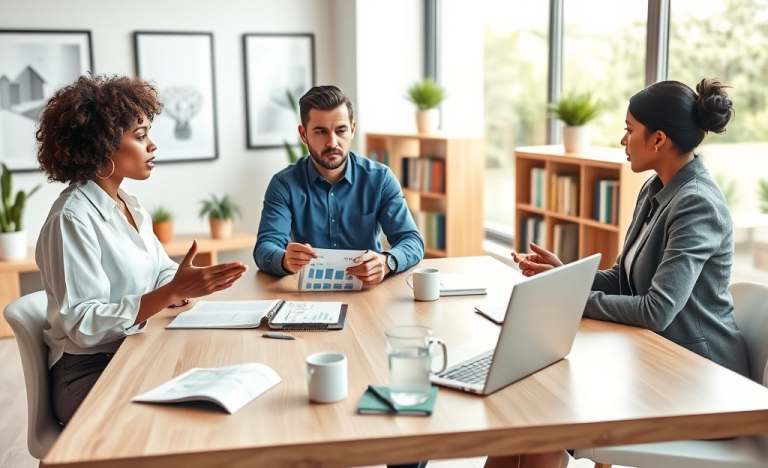 Three professionals discussing loan conversation starters around a modern office table to boost replies and engagement in a bright meeting room