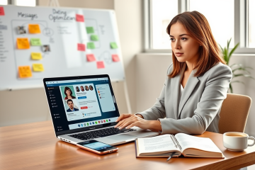 A young professional woman optimizes dating app responses on a laptop in a modern office with flowcharts and notes visible