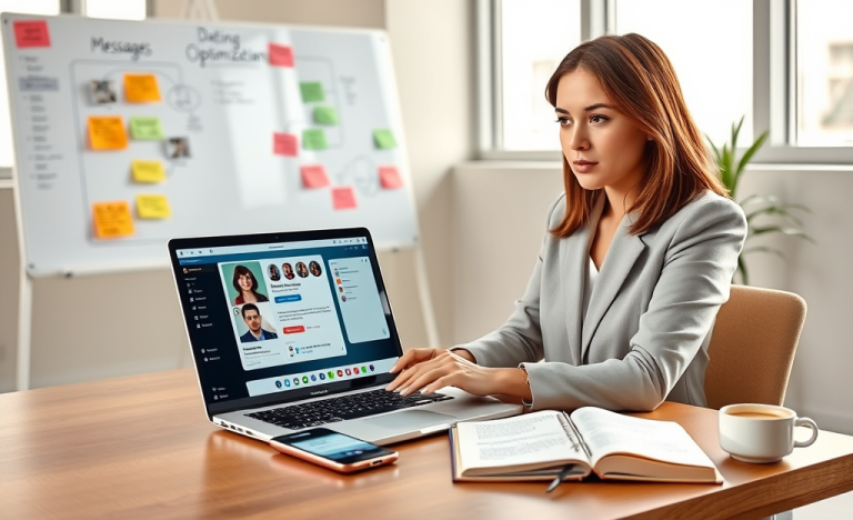 A young professional woman optimizes dating app responses on a laptop in a modern office with flowcharts and notes visible