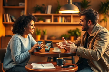 Two young adults naturally chatting over coffee in a cozy cafe using conversation starters guide for dating apps