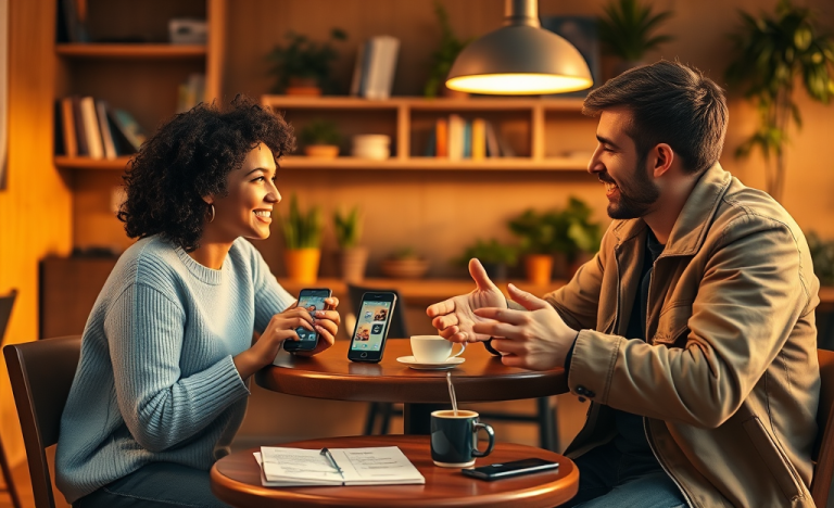 Two young adults naturally chatting over coffee in a cozy cafe using conversation starters guide for dating apps