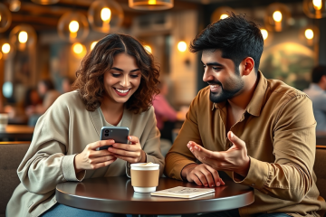 Two young adults in a cozy café engaged in lively, friendly dating app conversation, highlighting tips to keep chats going