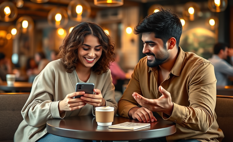 Two young adults in a cozy café engaged in lively, friendly dating app conversation, highlighting tips to keep chats going
