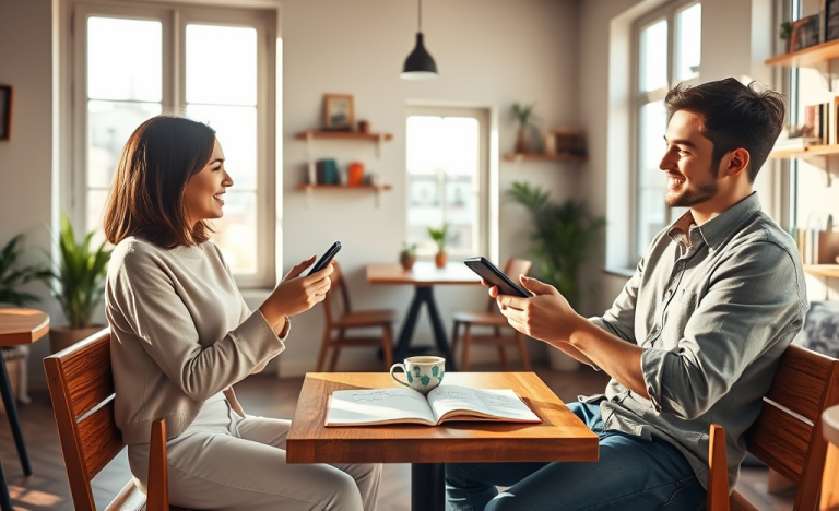 Young man and woman in a cozy café engaged in warm, attentive conversation illustrating dating app conversation tips for better replies