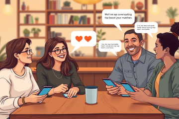 Diverse group of young adults sharing lively conversation around a coffee table with smartphones displaying playful dating app chat icons in a warm, stylish cafe