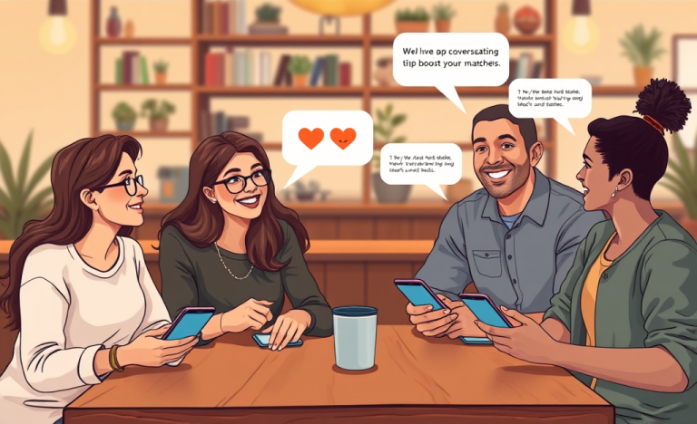 Diverse group of young adults sharing lively conversation around a coffee table with smartphones displaying playful dating app chat icons in a warm, stylish cafe