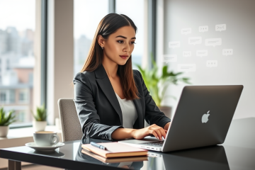 Professional businesswoman at office desk composing first message reply strategies to boost loan response rates with focused expression