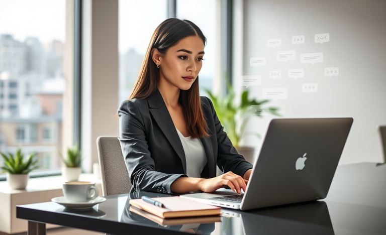 Professional businesswoman at office desk composing first message reply strategies to boost loan response rates with focused expression
