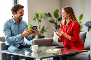 Two young adults engaged in lively conversation over coffee, using smartphones with dating app chats, highlighting conversation engagement tips