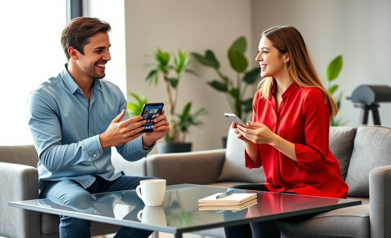 Two young adults engaged in lively conversation over coffee, using smartphones with dating app chats, highlighting conversation engagement tips