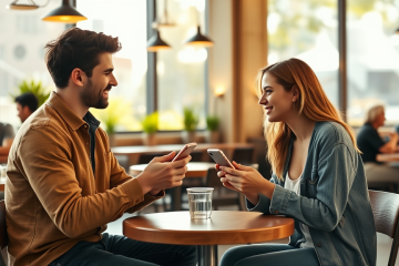 Two young adults engaged in a friendly chat at a coffee shop, turning dating app matches into real conversations with warm daylight and casual atmosphere