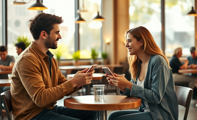 Two young adults engaged in a friendly chat at a coffee shop, turning dating app matches into real conversations with warm daylight and casual atmosphere