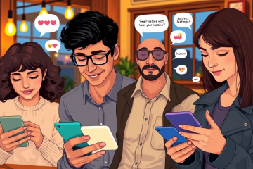 Diverse young adults in a cozy café typing on smartphones with warm lighting illustrating dating app conversation tips for better matches