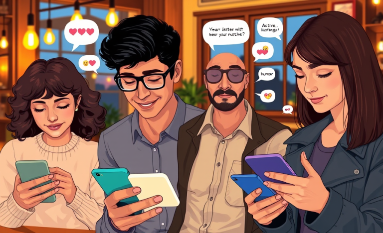 Diverse young adults in a cozy café typing on smartphones with warm lighting illustrating dating app conversation tips for better matches