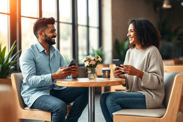 Two young adults engaged in warm, friendly conversation at a cozy café, illustrating conversation tips for meeting new people on dating apps