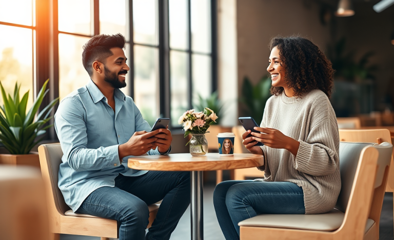 Two young adults engaged in warm, friendly conversation at a cozy café, illustrating conversation tips for meeting new people on dating apps