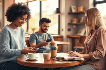 Diverse young adults in a cozy coffee shop using smartphones with friendly expressions practicing dating app conversation tips