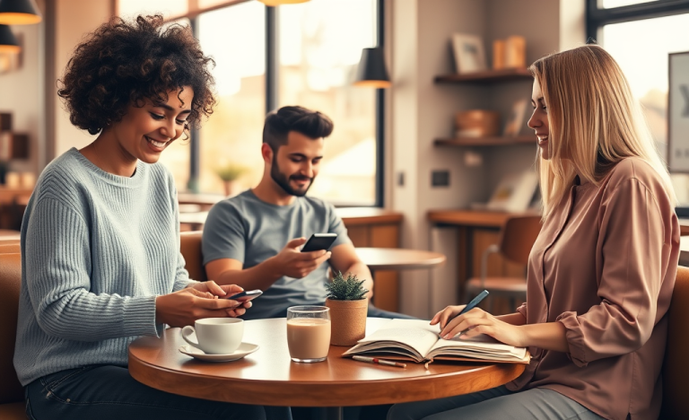 Diverse young adults in a cozy coffee shop using smartphones with friendly expressions practicing dating app conversation tips
