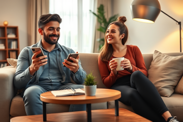 Two young adults having an engaging conversation using a dating app in a cozy living room with warm natural light and casual attire