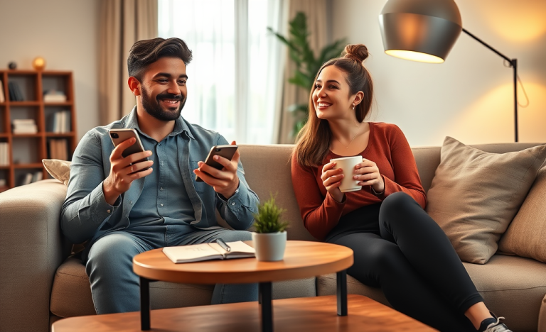 Two young adults having an engaging conversation using a dating app in a cozy living room with warm natural light and casual attire