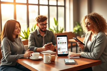 Young adults using dating apps in a modern café, practicing tips to avoid common single mistakes with focused, natural interactions