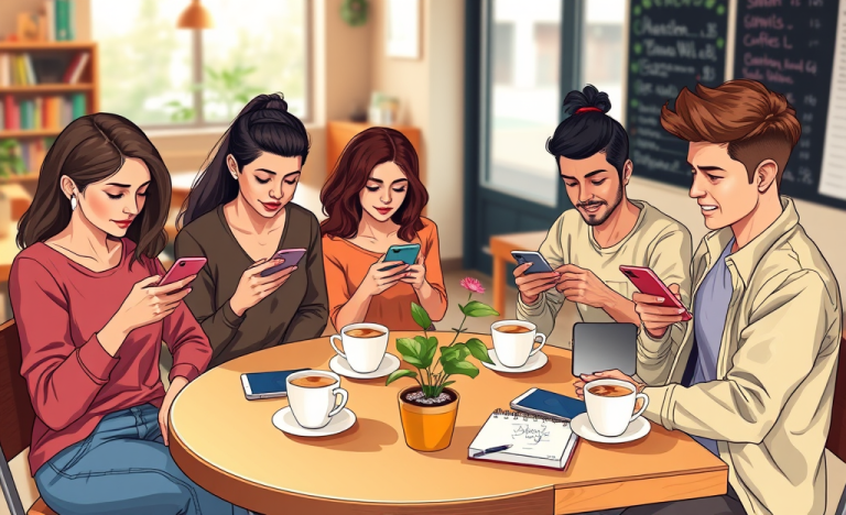 Young diverse group in a cozy cafe showing dating app mistakes like over-texting, distracted scrolling, and bad selfies to get more matches