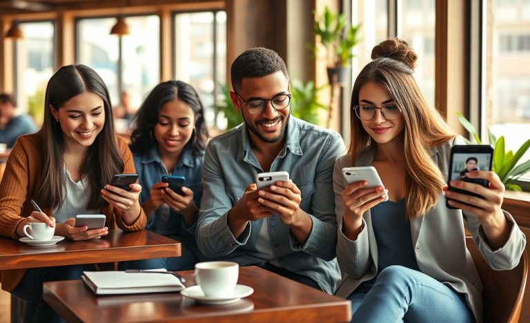 Young adults using dating apps on smartphones in a sunlit coffee shop, focused on improving matches and avoiding missed opportunities