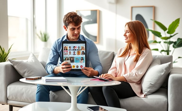 Young diverse couple using a dating app on a tablet in a bright modern living room, optimizing their match rate together