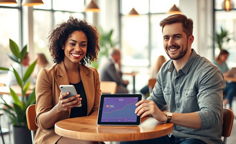 Two diverse individuals using smartphones in a cozy coffee shop, engaging with a dating app to build better matches faster