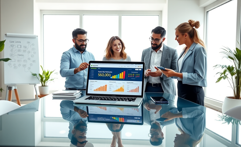 Professional team collaborating in a modern office on SEO profile optimization using digital devices to boost clicks and revenue in loans