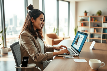 Young woman optimizes dating app profile on laptop in bright office, focused on avoiding common match-killing mistakes