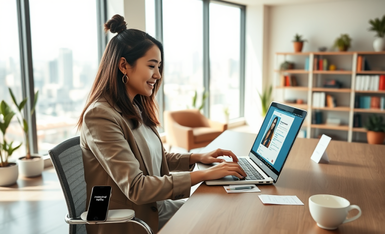 Young woman optimizes dating app profile on laptop in bright office, focused on avoiding common match-killing mistakes