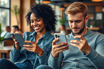 Young couple in modern cafe optimizing their dating app profiles on smartphones surrounded by warm natural lighting and cozy decor