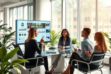 A young professional woman leads a group workshop on dating app profile optimization in a bright modern office with digital devices and charts.