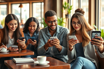 Young adults using dating apps on smartphones in a sunlit coffee shop, focused on improving matches and avoiding missed opportunities