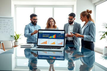 Professional team collaborating in a modern office on SEO profile optimization using digital devices to boost clicks and revenue in loans